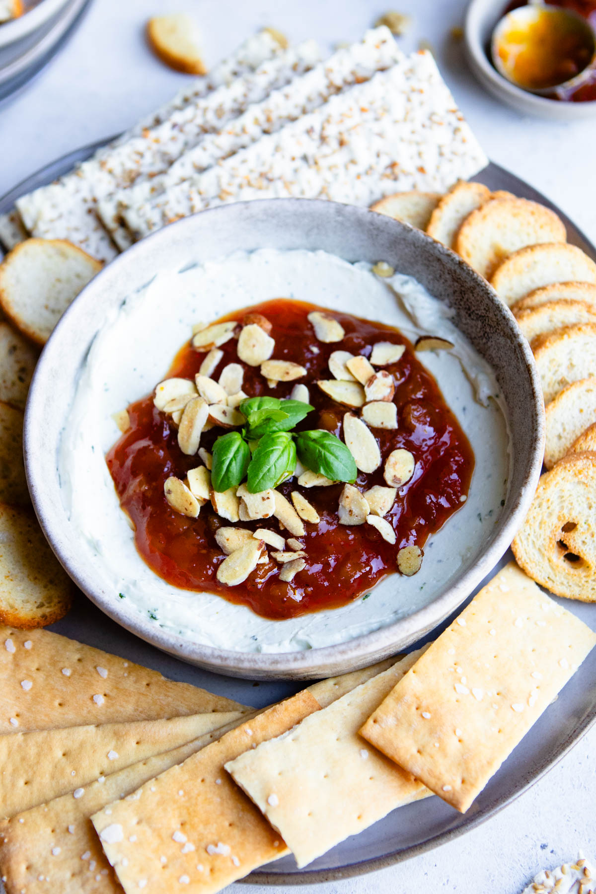 goat cheese dip served with crackers and crostini