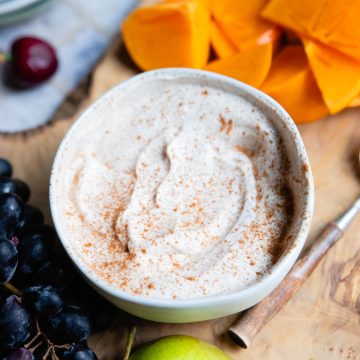 ceramic bowl filled with low sugar Greek yogurt fruit dip