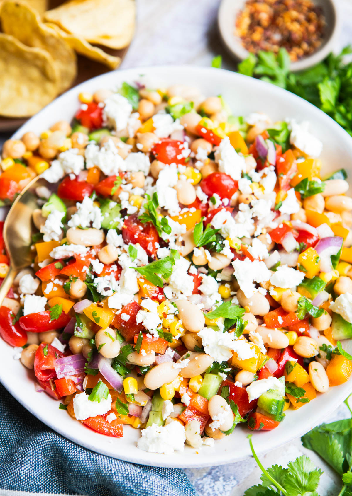 white bowl filled with cowboy caviar made with chickpeas
