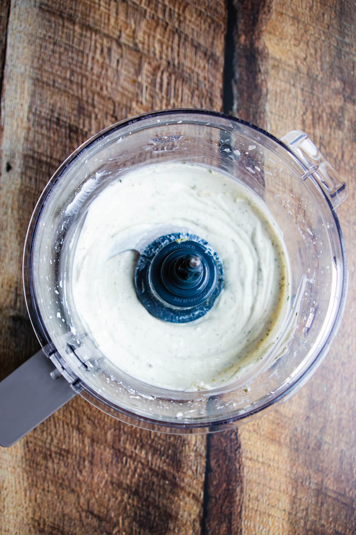 cottage cheese ranch dip blended in the bowl of a food processor