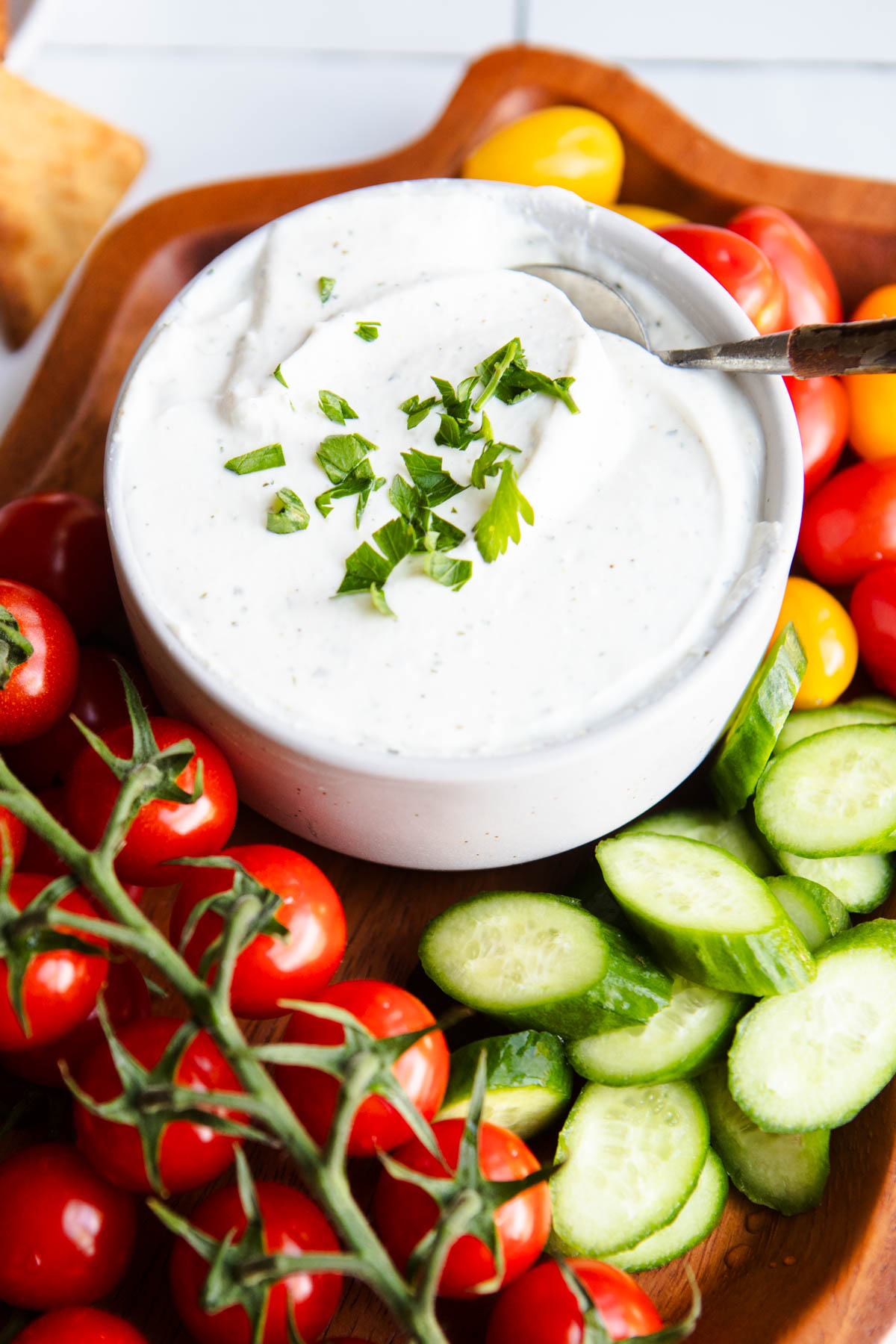 ranch dip made with cottage cheese on a veggie platter