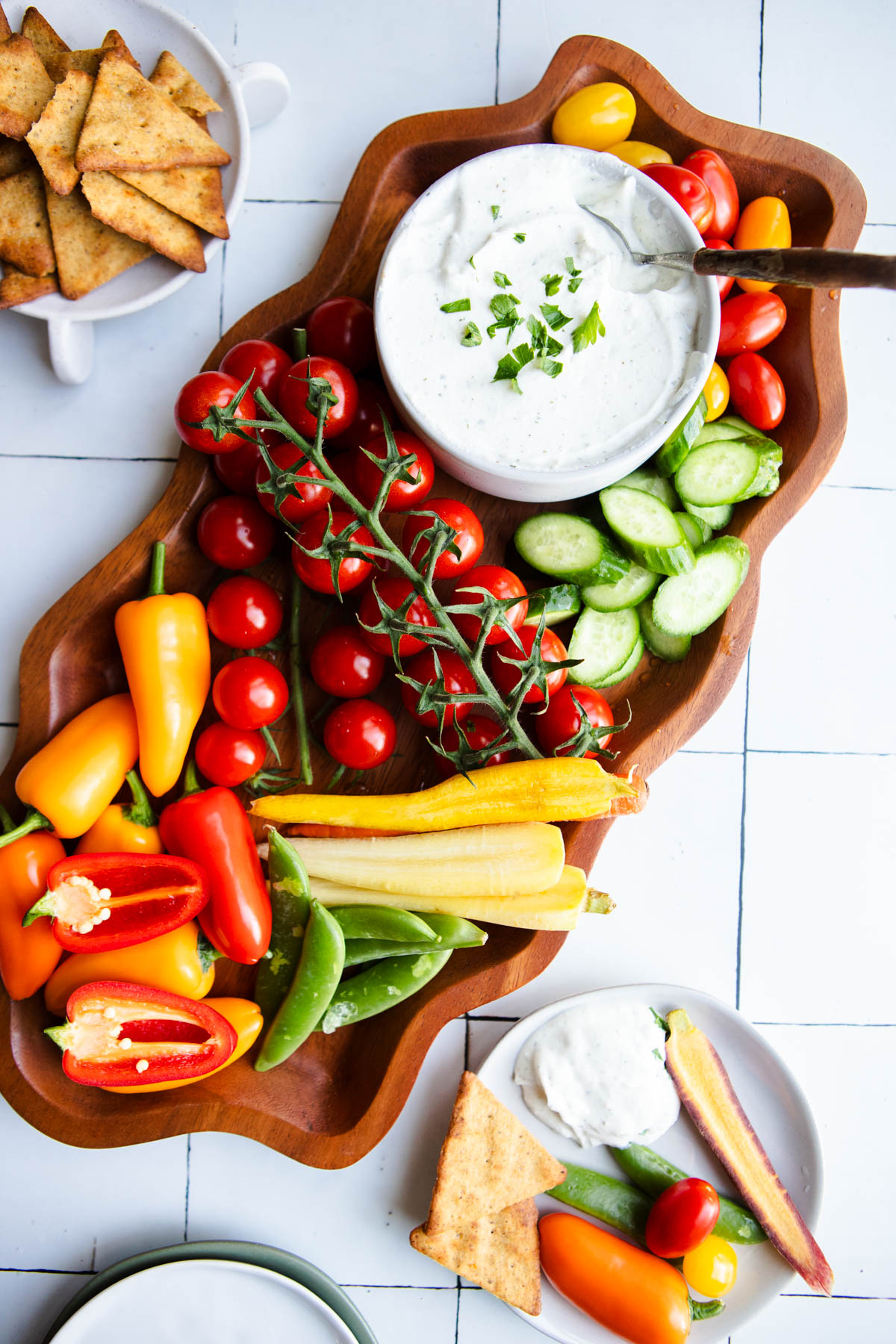 pita chips and fresh veggies served with healthy low-fat ranch dressing dip