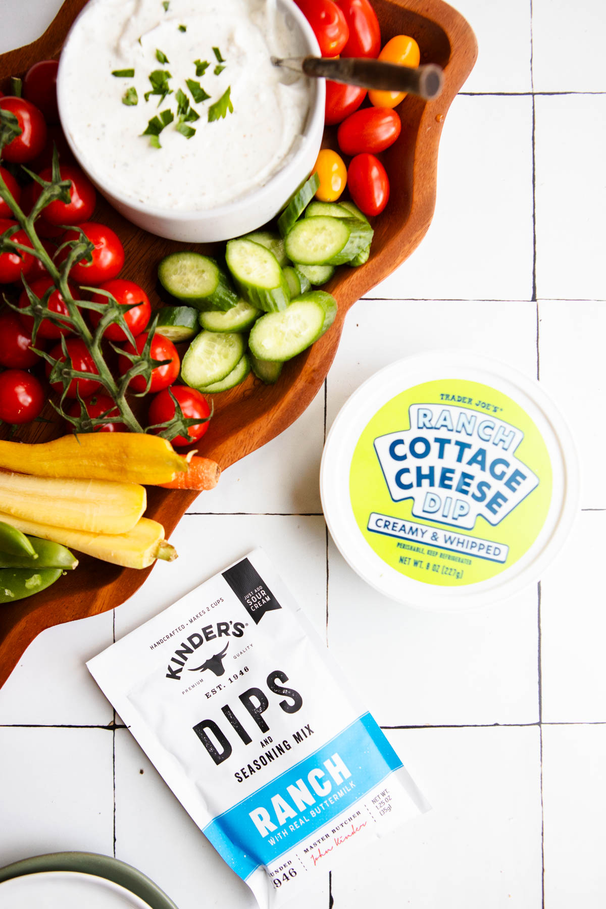 packet of ranch seasoning mix next to a crudite platter