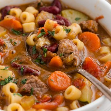 homemade beef minestrone soup in a white bowl