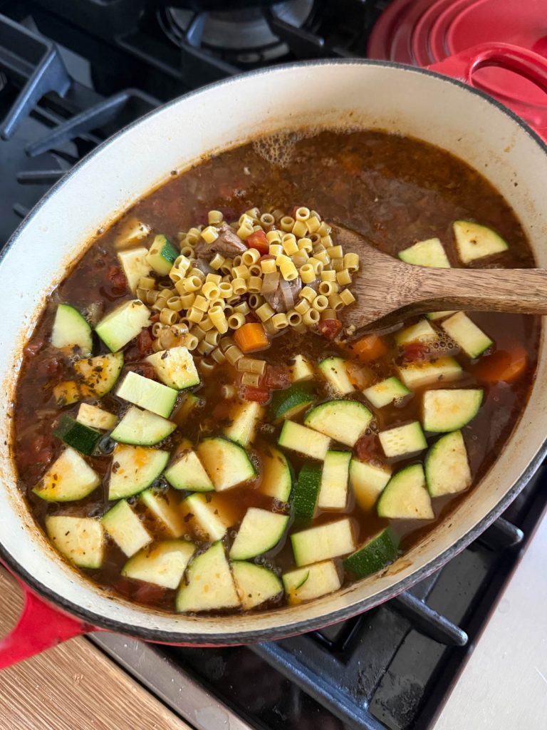 Ditalini small pasta added to minestrone soup