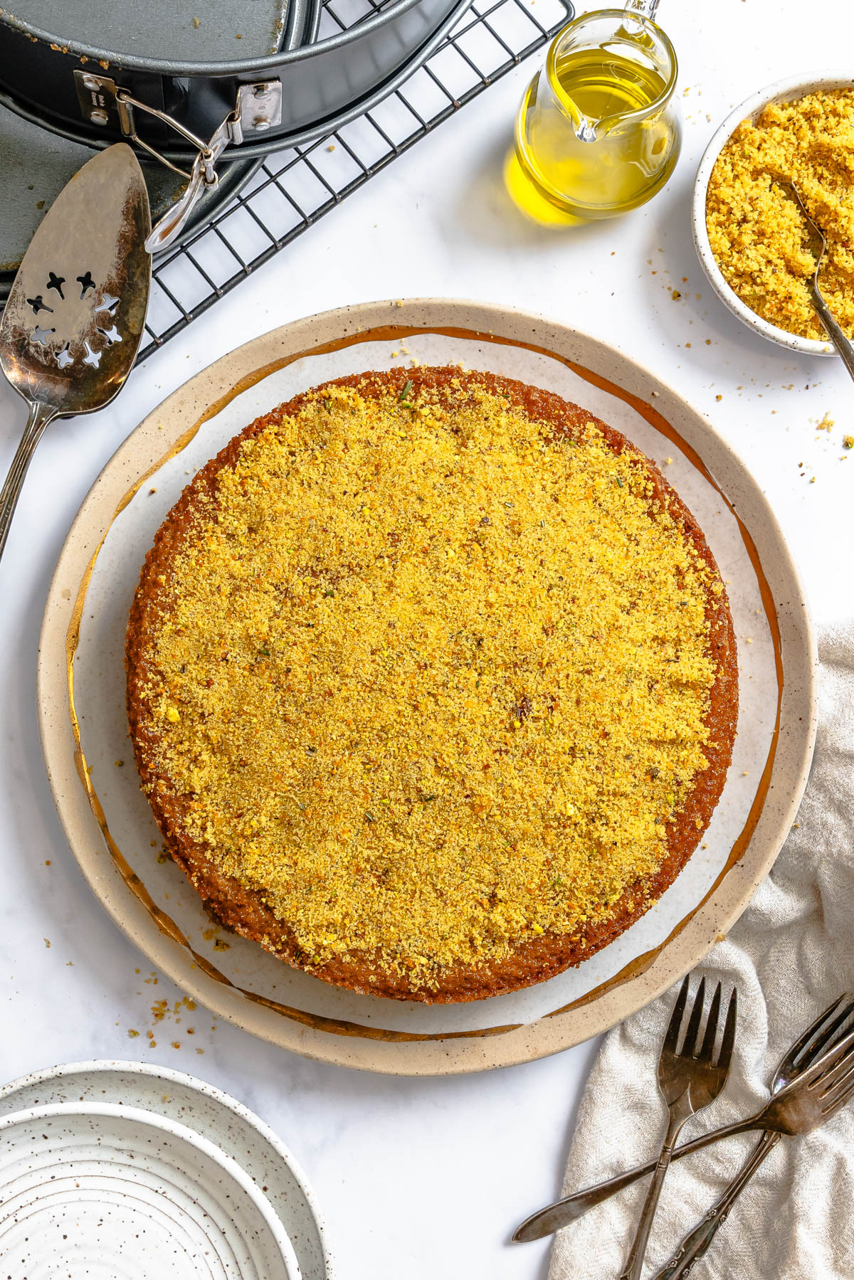 pistachio sugar topping on an olive oil cake