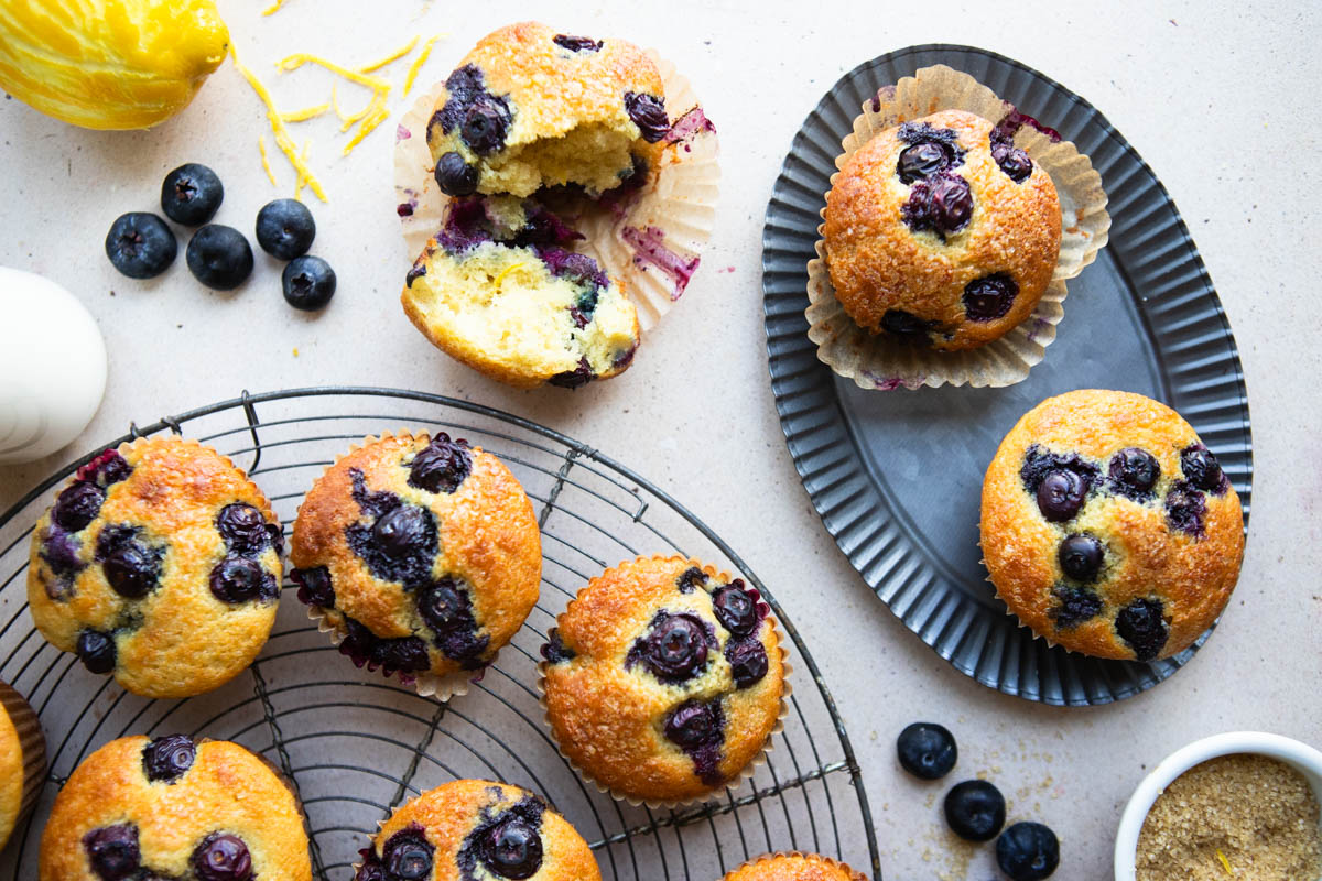 Greek Yogurt Healthy Blueberry muffins on a tin cooling rack