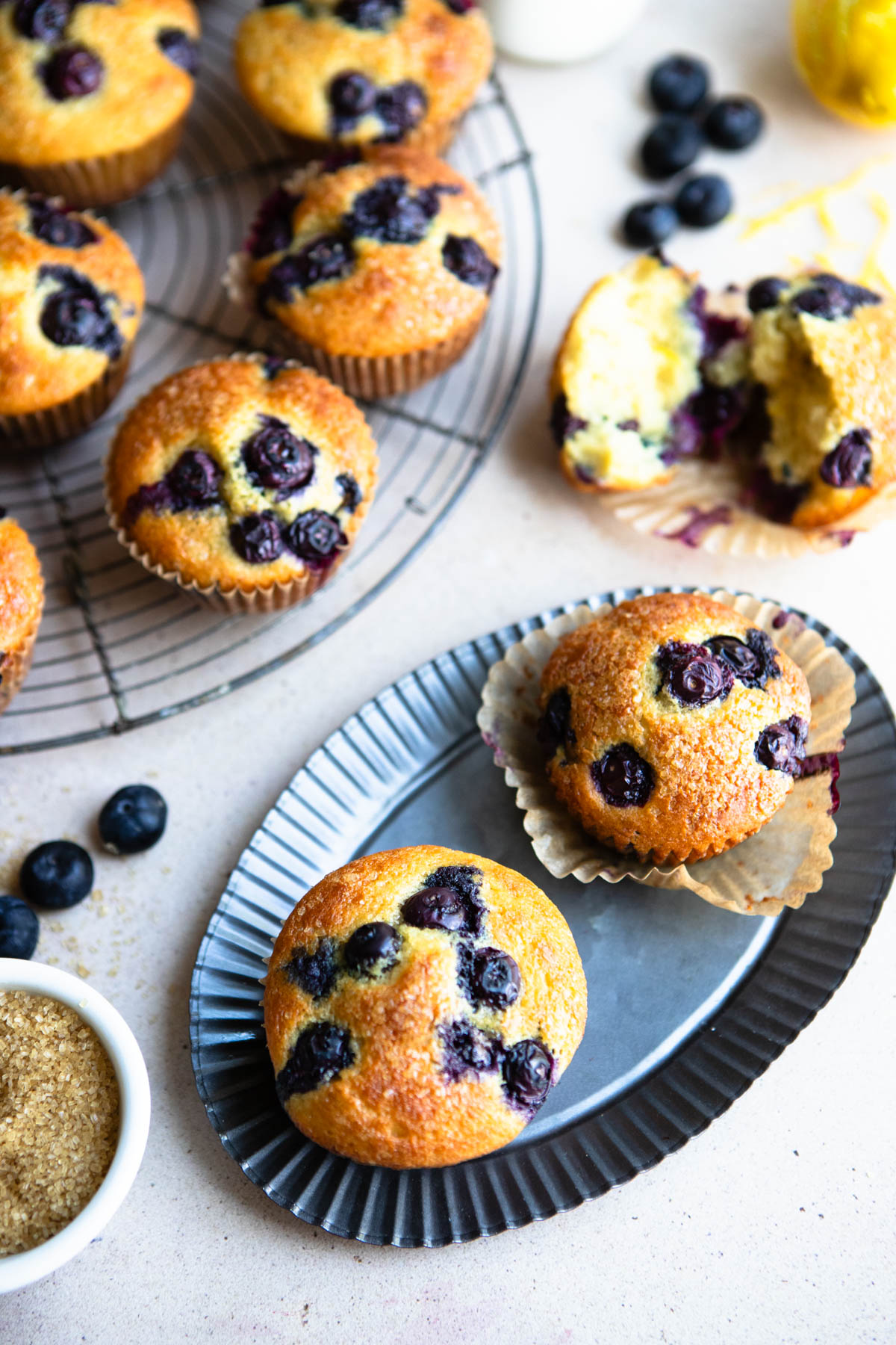 healthy lemon blueberry muffins on a tray