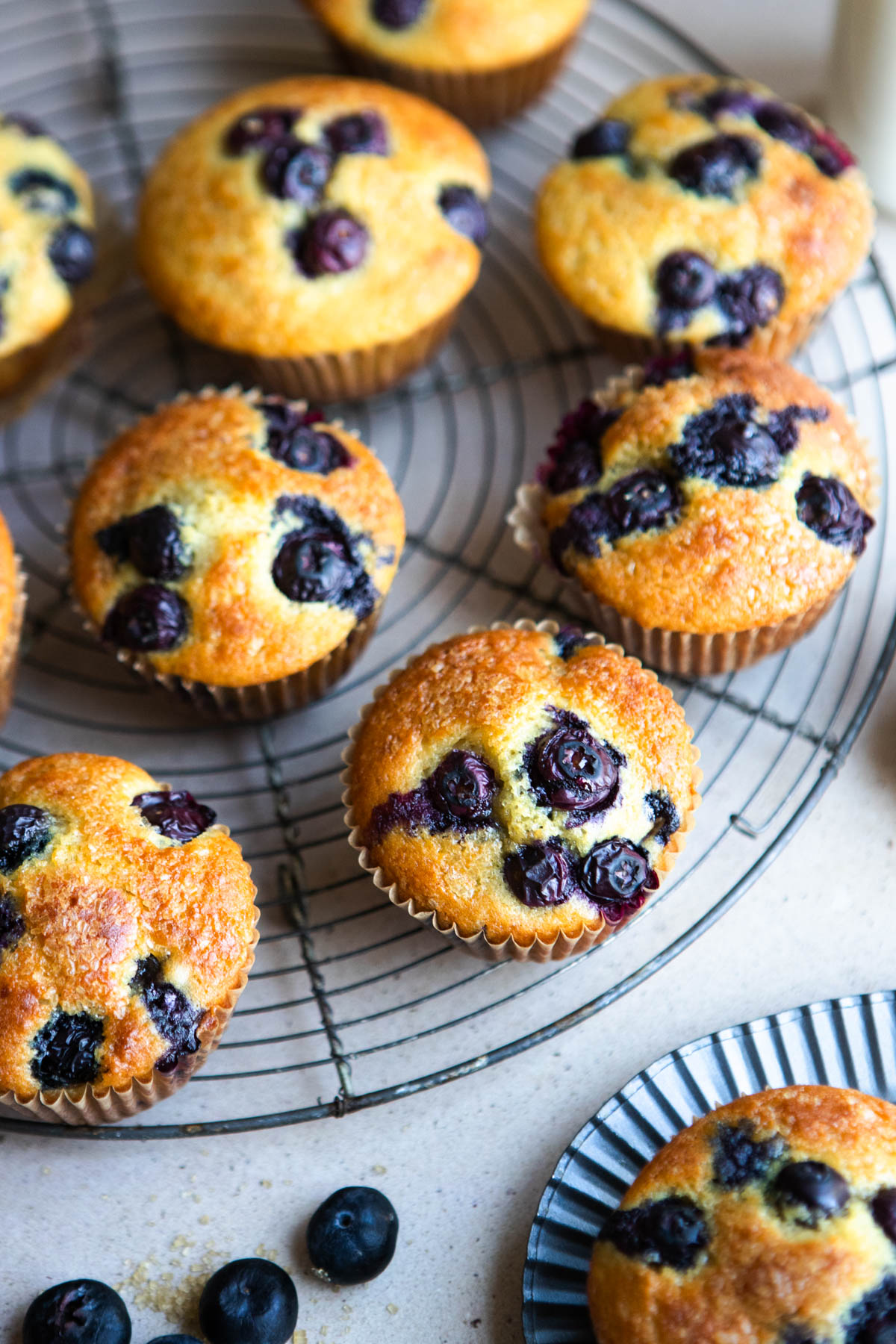 cooling tray filled with blueberry muffins