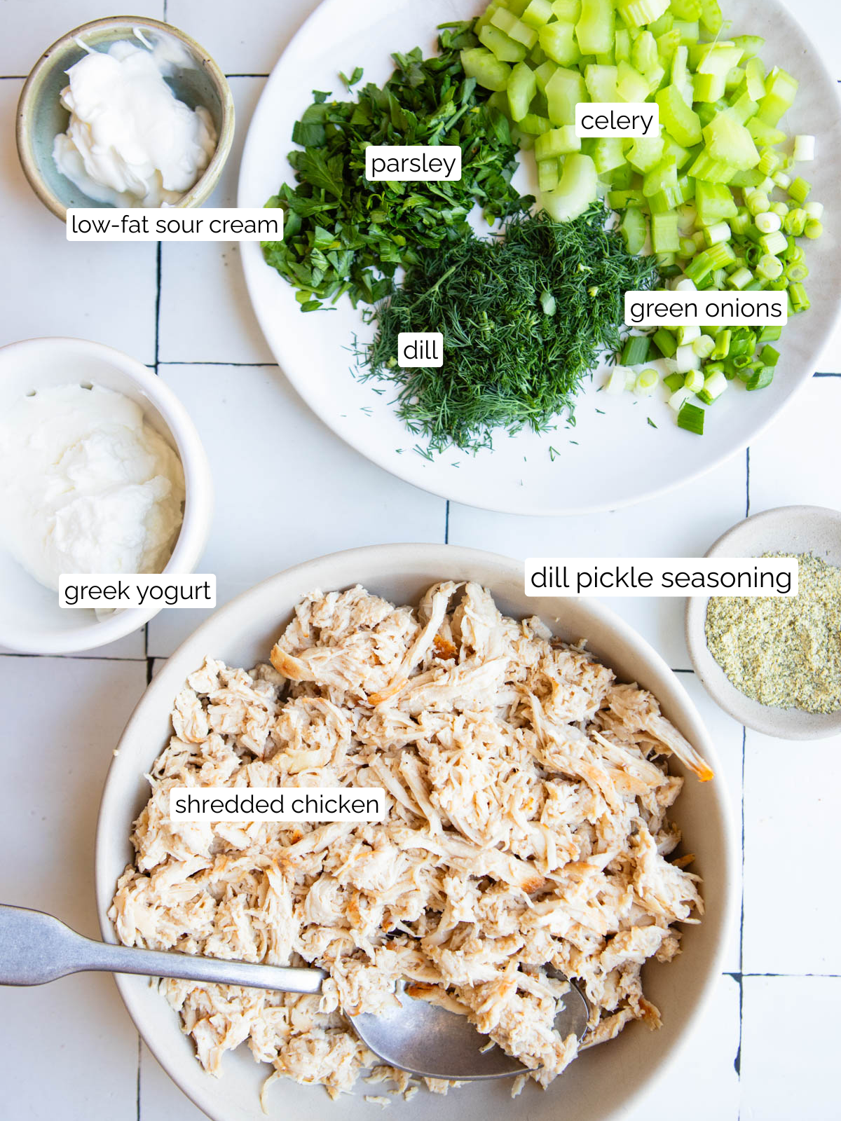 ingredients for healthy dill pickle chicken salad recipe