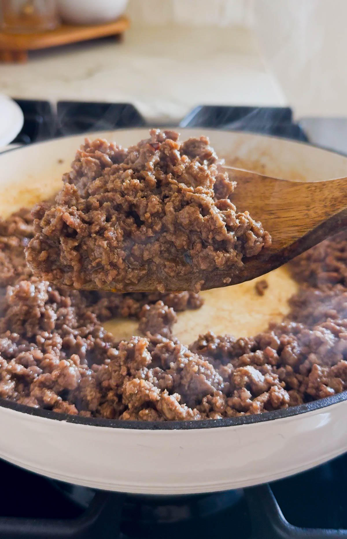 honey ground beef cooked in a pan