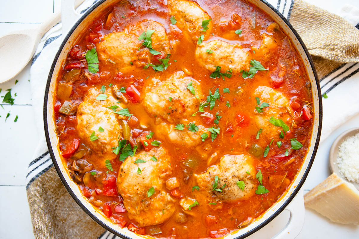 large saute pan filled with rustic Italian chicken stew
