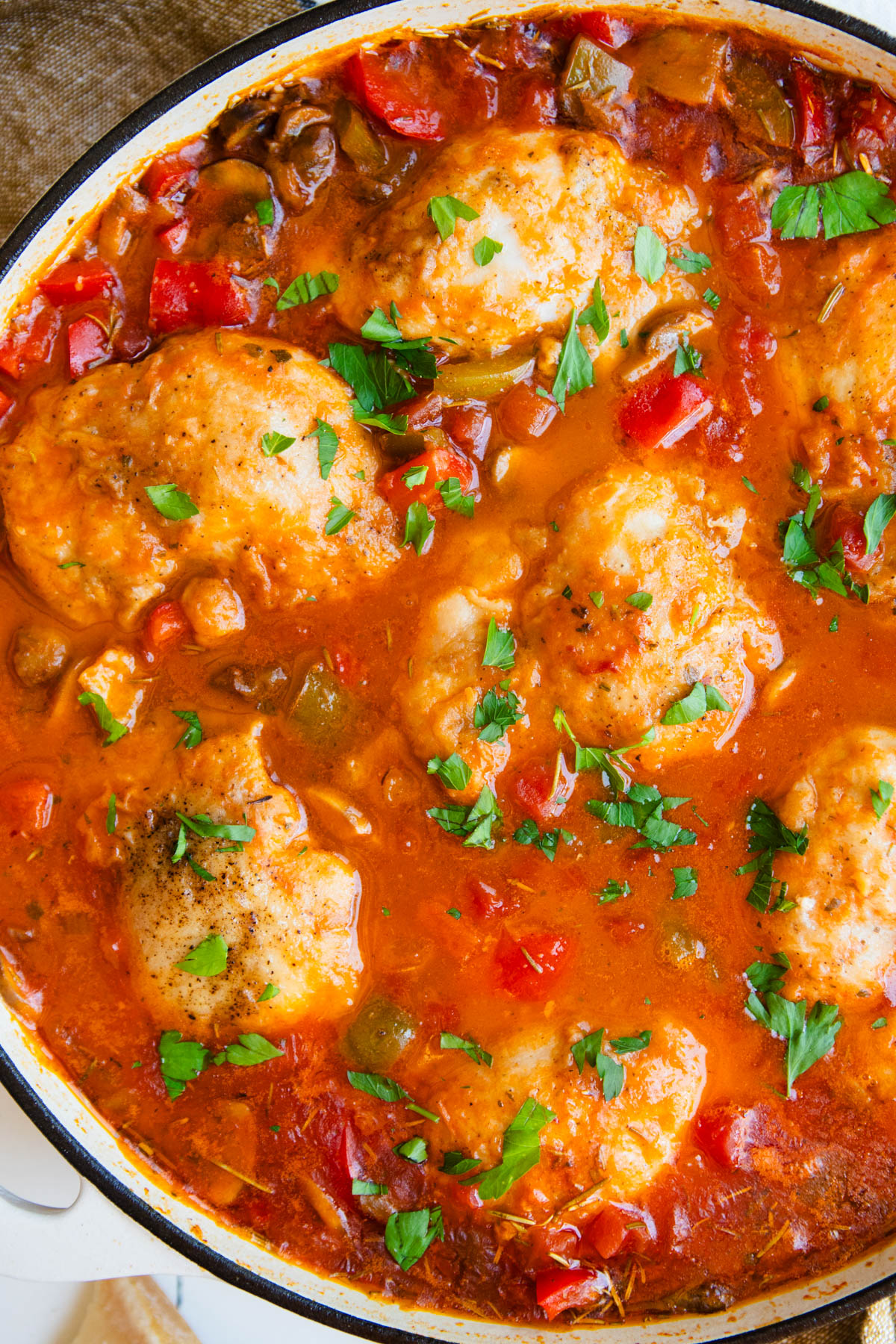 close up shot of cooked chicken cacciatore sprinkled with parsley