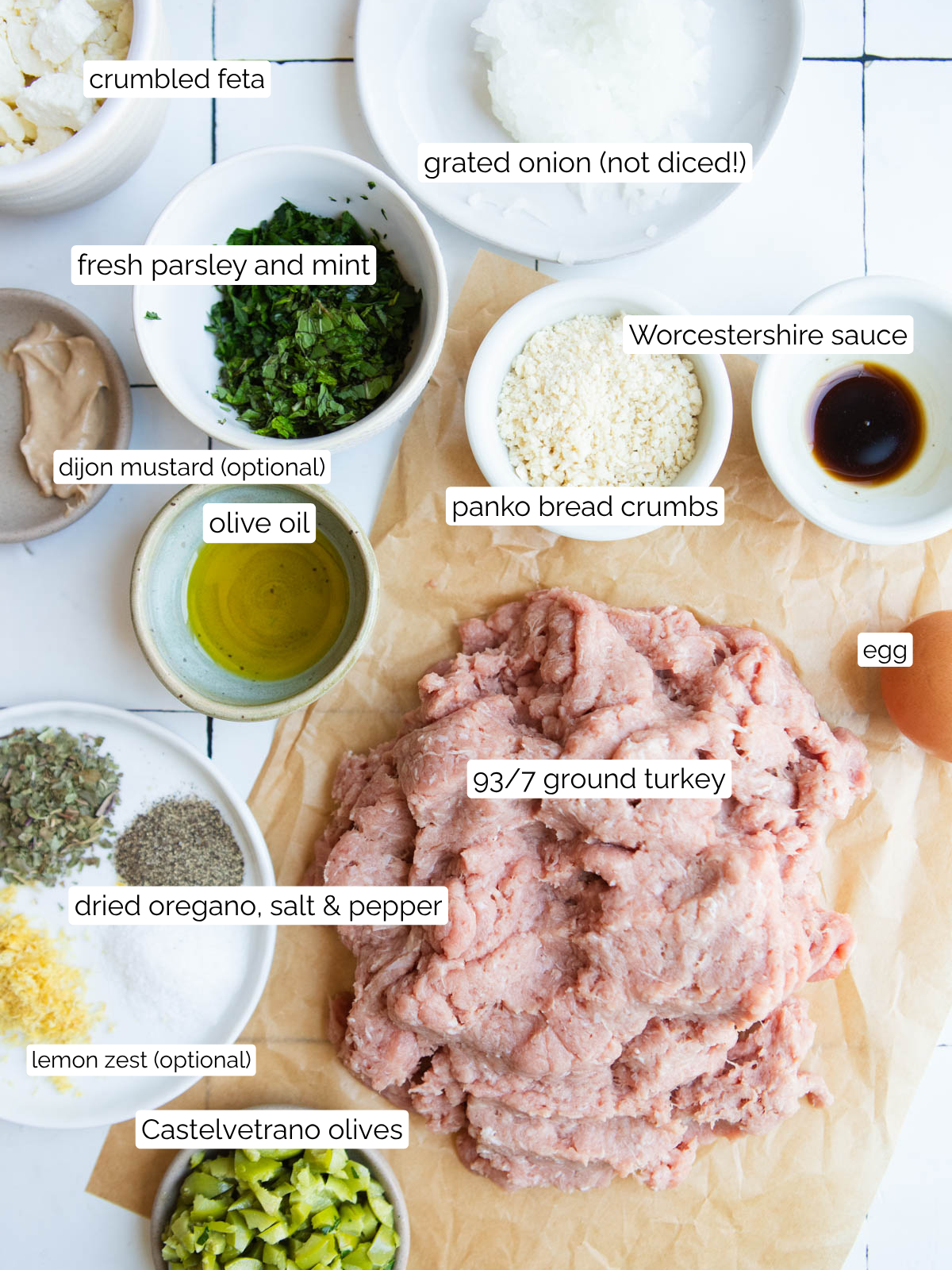 ingredients to make Greek ground turkey burgers 