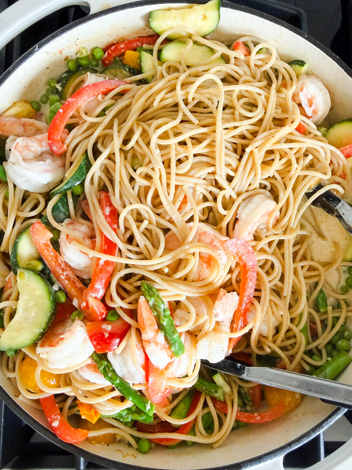 pasta added to shrimp pasta primavera
