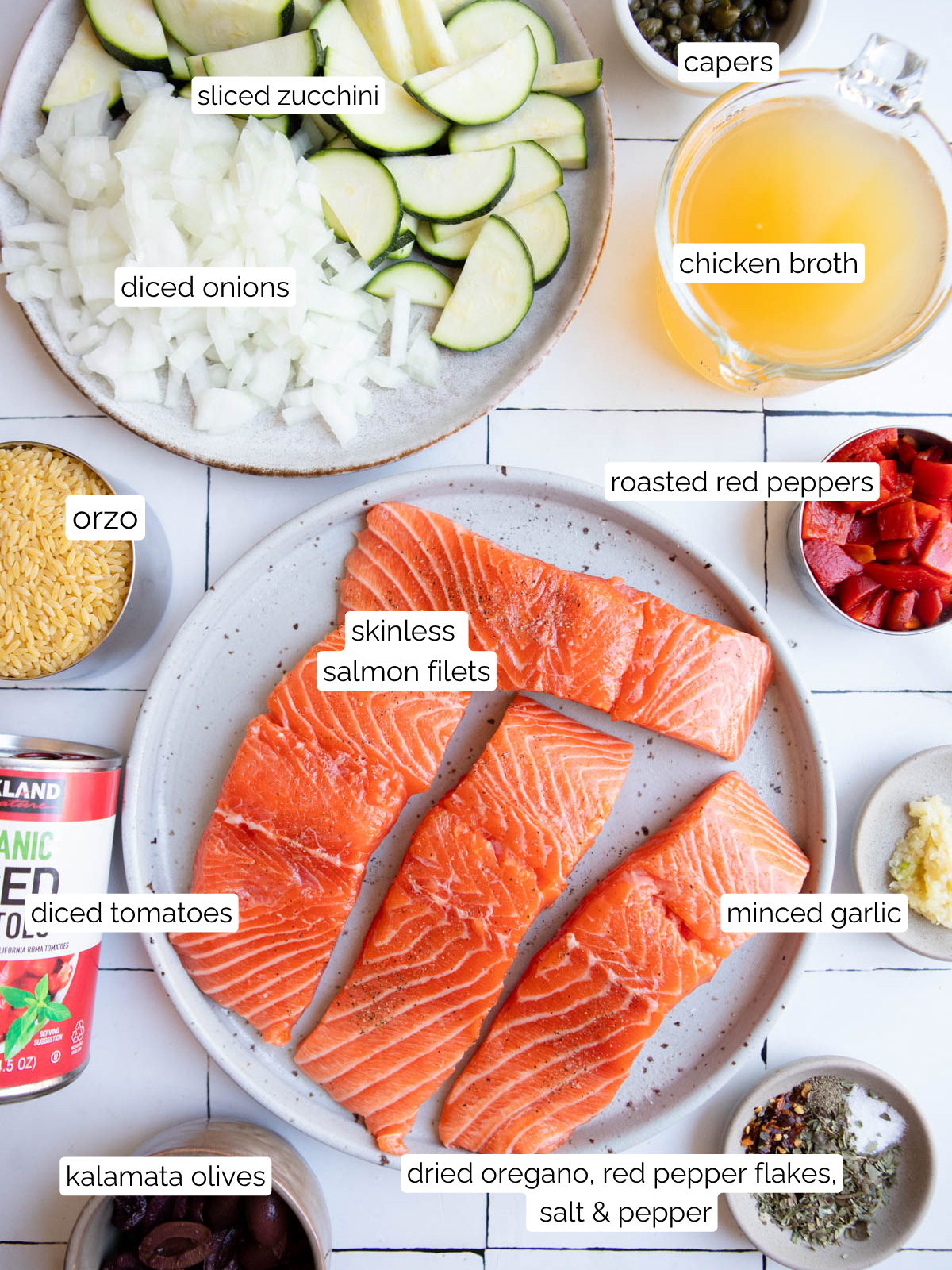 ingredients to make salmon and vegetables one pan dinner