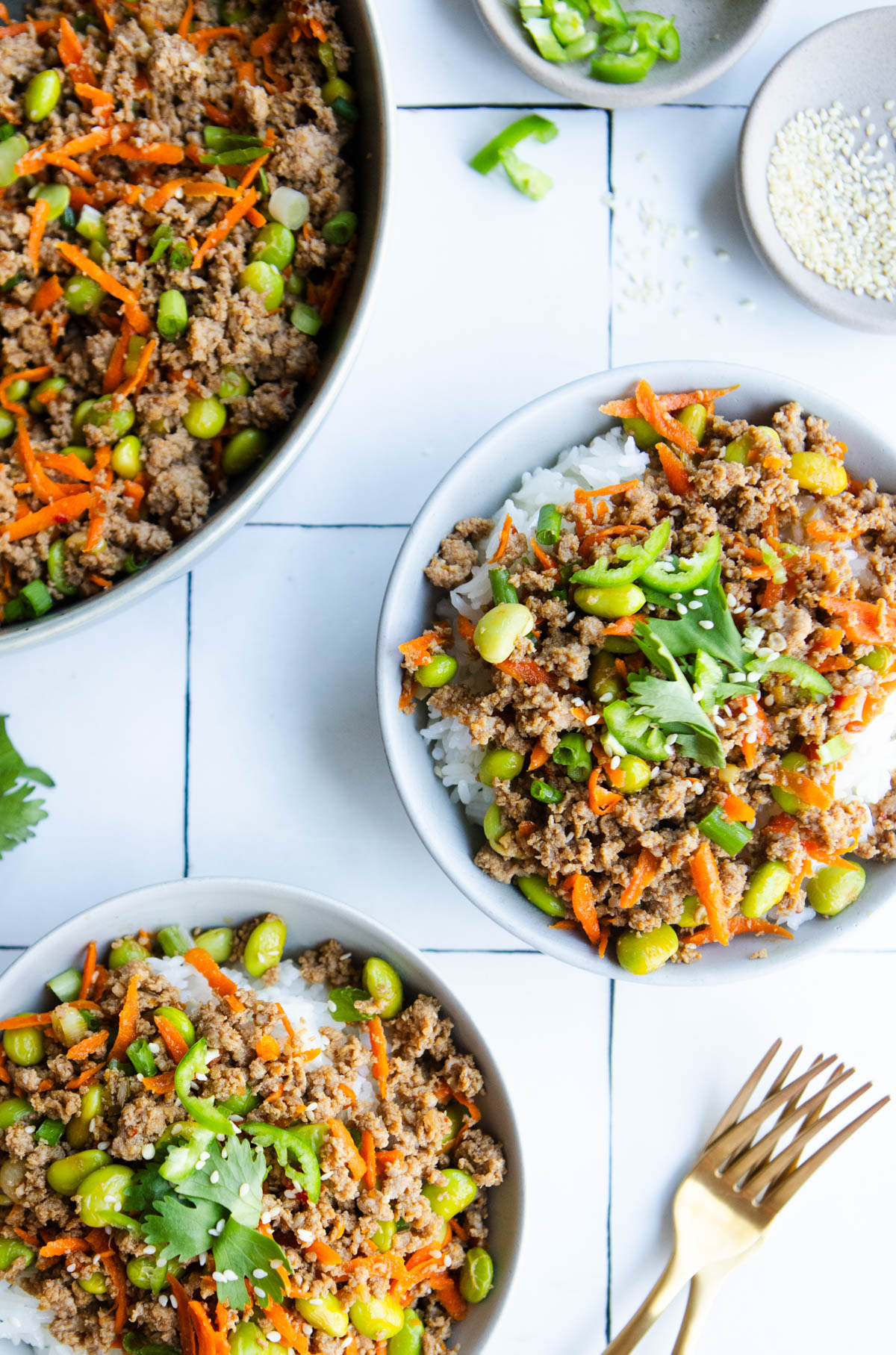 white jasmine rice topped with ground turkey and veggies and garnished with cilantro and sesame seeds and green onions
