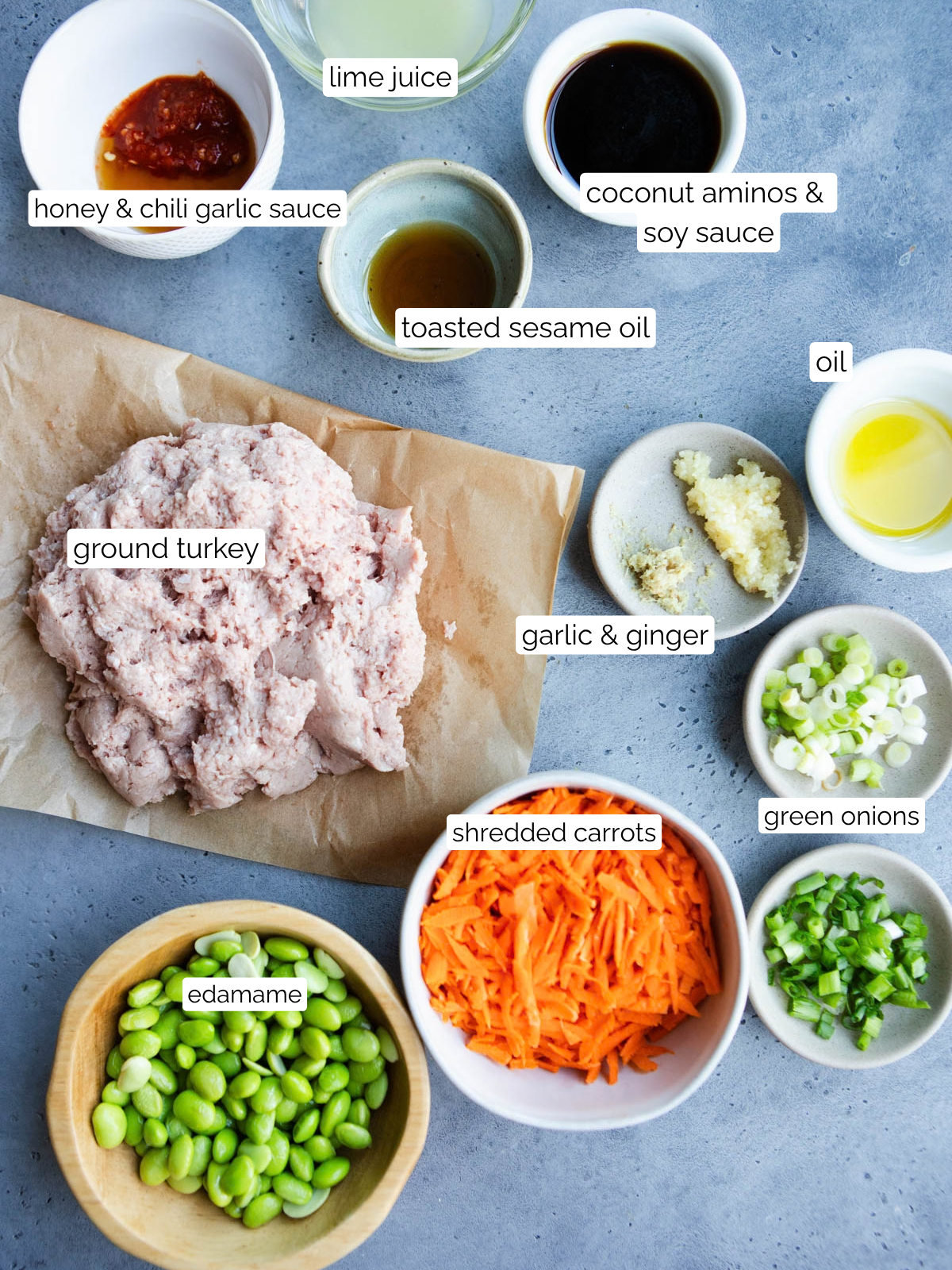 ingredients to make ground turkey rice bowls with an Asian inspired honey lime sauce