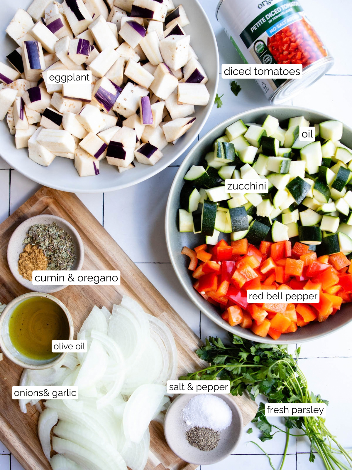 raw ingredients to make an easy ratatouille recipe on the stovetop