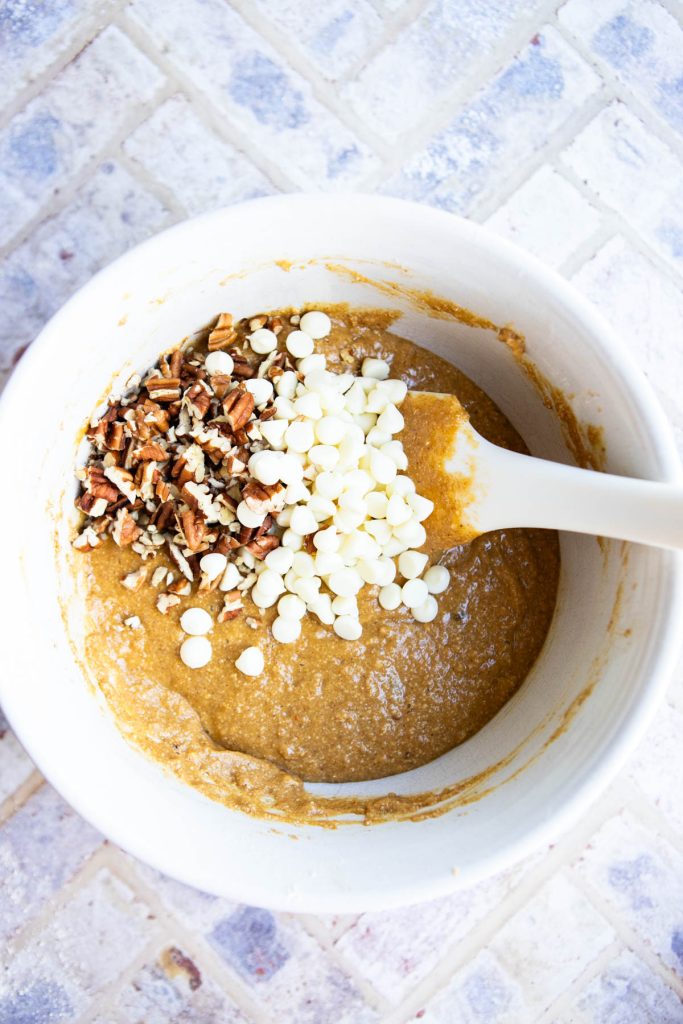 add chocolate chips and pecans to pumpkin pie batter